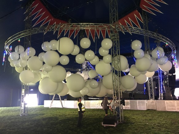 Once all the balloons were added the truss went up so we could get a better visual of our work. Adjustments were made several times over the next hour